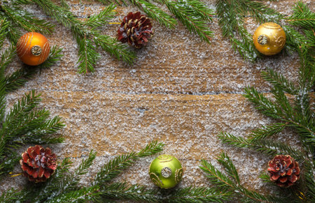 holiday decoration snow, bells, green branch and pine cones on wooden frozen table, christmas