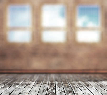 vintage blurred . old room with concrete wall, wooden floor and big windowsの写真素材