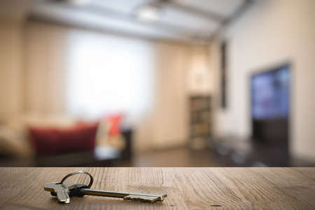 keys on wooden table in the living roomの写真素材