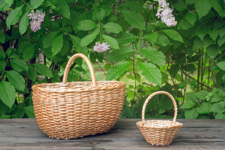 wicker basket on old wooden table and green leaves