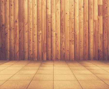 old interior with wooden wall and tiled floor, vintage background, retro film filteredの写真素材