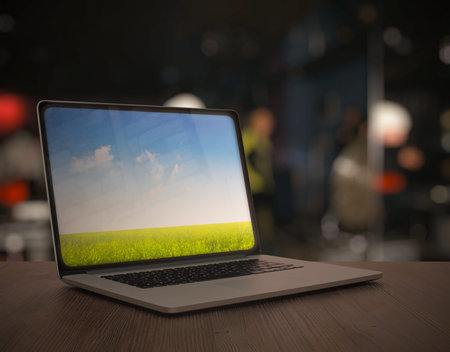 laptop on the table in a night club