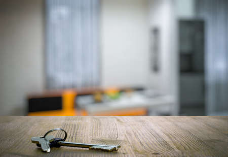 keys on wooden table in the living roomの写真素材