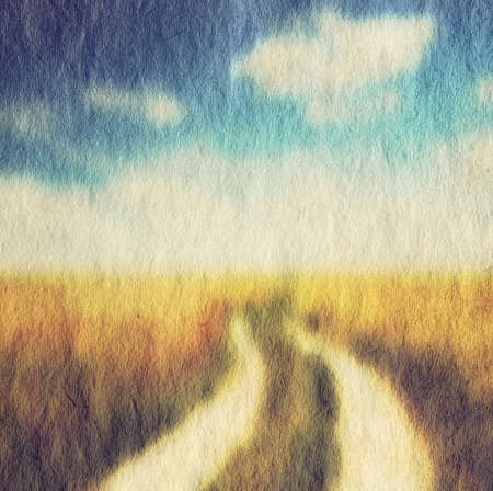 old illustration, fields and skyの写真素材