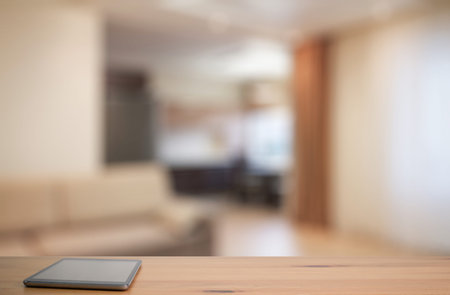 tablet on wooden table in the living room