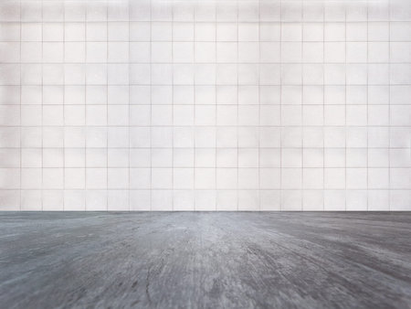 interior with wooden floor and tiled wall, modern background