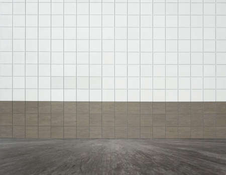 interior with wooden floor and tiled wall, modern backgroundの写真素材