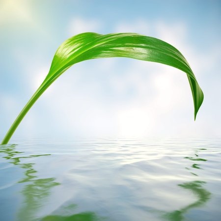 green leaf with reflections in waterの写真素材