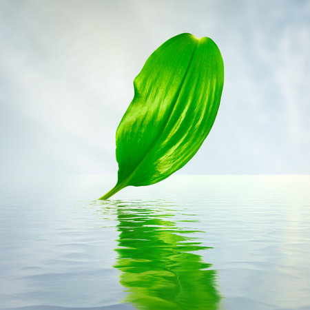green leaf with reflections in waterの写真素材