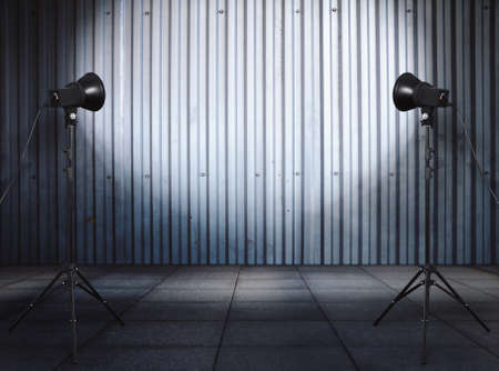 photo studio in old grunge room with metallic wall, urban backgroundの写真素材