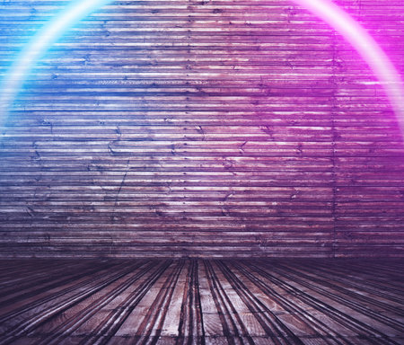wooden interior background with neon lightsの写真素材