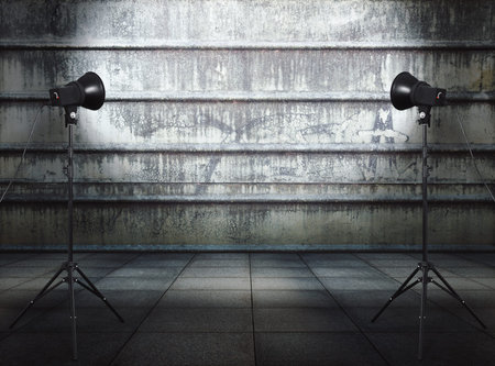 photo studio in old grunge room with metallic wall, urban background