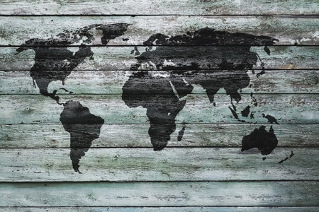 world map on old wooden wall