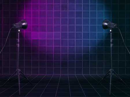 photo studio in old room with neon lightsの写真素材