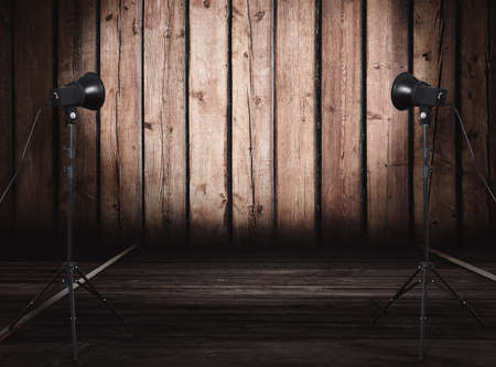 photo studio in old room with wooden wallの写真素材