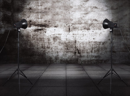 photo studio in old grunge room with metallic wall, urban background