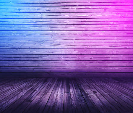 wooden interior background with neon lightsの写真素材