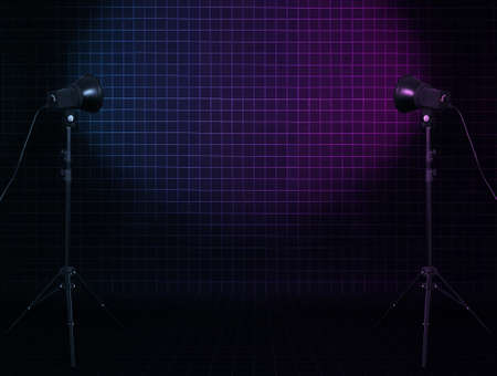 photo studio in old room with neon lightsの写真素材