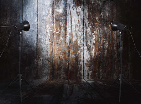 photo studio in old room with wooden wallの写真素材