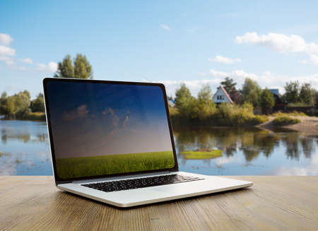 beautiful lake village landscapeの写真素材