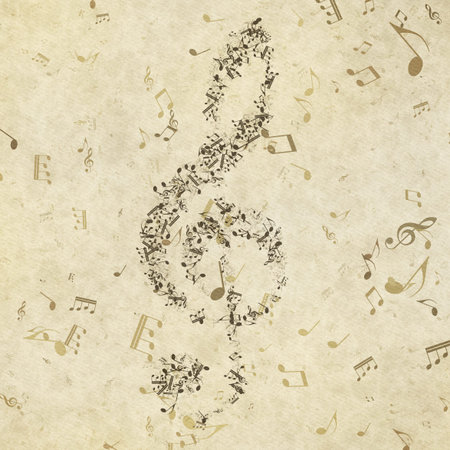 Grunge musical background. Old paper texture, music notes, clef.