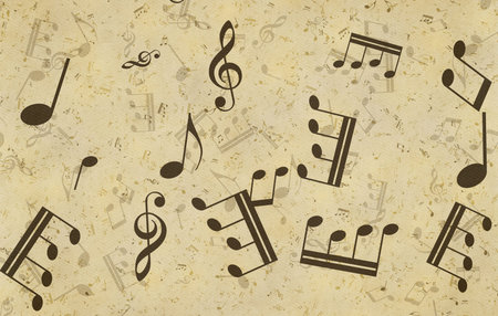 Grunge musical background. Old paper texture, music notes.