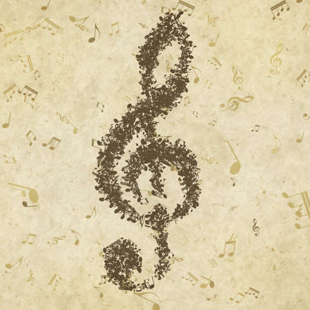 Grunge musical background. Old paper texture, music notes, clef.の写真素材