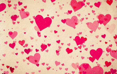 Valentine's day vintage background with hearts on old paper textureの写真素材