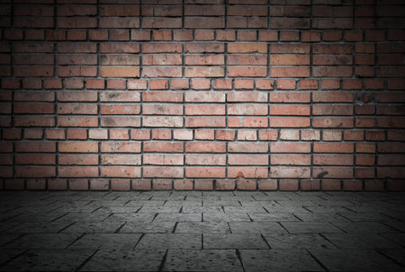 Empty room with bricks wall and tiled floor. Dark background.