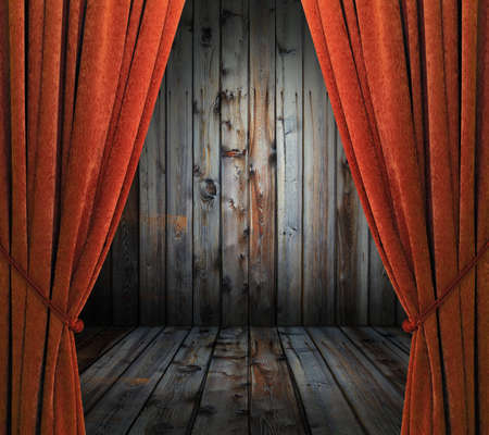 old interior with red curtains, wooden wallの写真素材