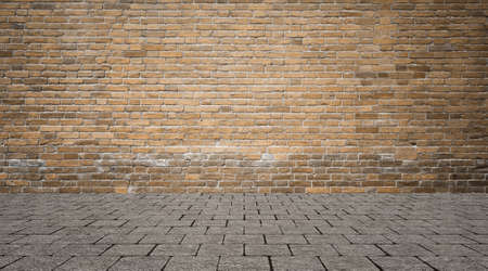 Empty room with bricks wall and tiled floor. Interior background.の写真素材
