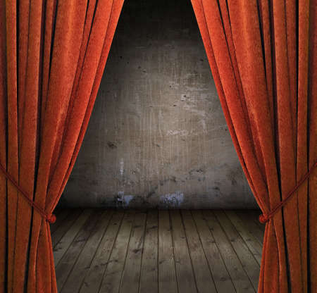 old interior with red curtains, concrete wallの写真素材