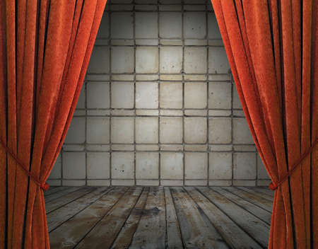 old interior with red curtains, brick wallの写真素材