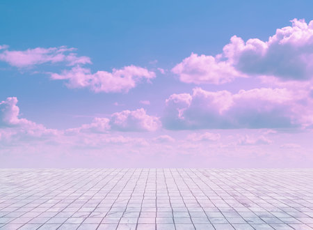 pink clouds, blue sky, gray floor. neon dramatic background.