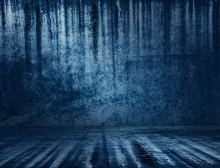 blue plaster wall, old grunge room, interior backgroundの写真素材