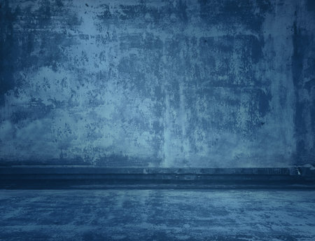 blue plaster wall, old grunge room, interior backgroundの写真素材