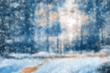 blurred winter forest, falling snow bokeh