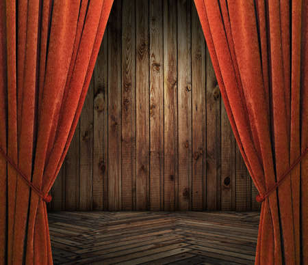old interior with red curtains, wooden wallの写真素材