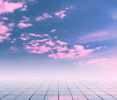 pink clouds, blue sky, gray floor. neon dramatic background.