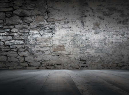 old interior with brick wall, dark vintage backgroundの写真素材