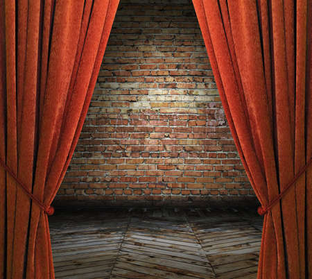 old interior with red curtains, brick wallの写真素材