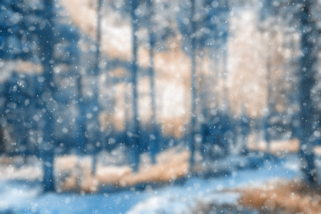 blurred winter forest, falling snow bokeh