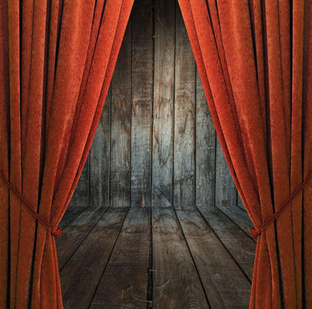 old interior with red curtains, wooden wallの写真素材