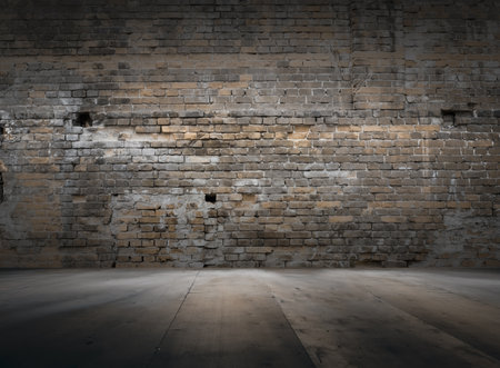 old interior with brick wall, dark vintage backgroundの写真素材
