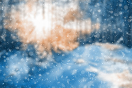 blurred winter forest, falling snow bokehの写真素材
