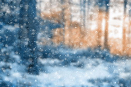 Old frozen wooden table and snowy forest. Christmas and new year winter background.の写真素材