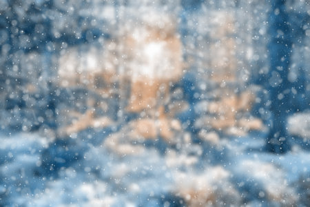 blurred winter forest, falling snow bokehの写真素材
