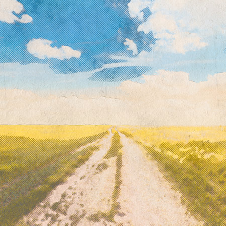 in the fields, retro background on old paper textureの写真素材