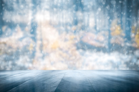 Old frozen wooden table and snowy forest. Christmas and new year winter background.の写真素材