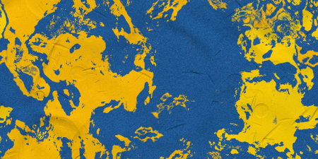 yellow concrete background, blue plaster wallの写真素材